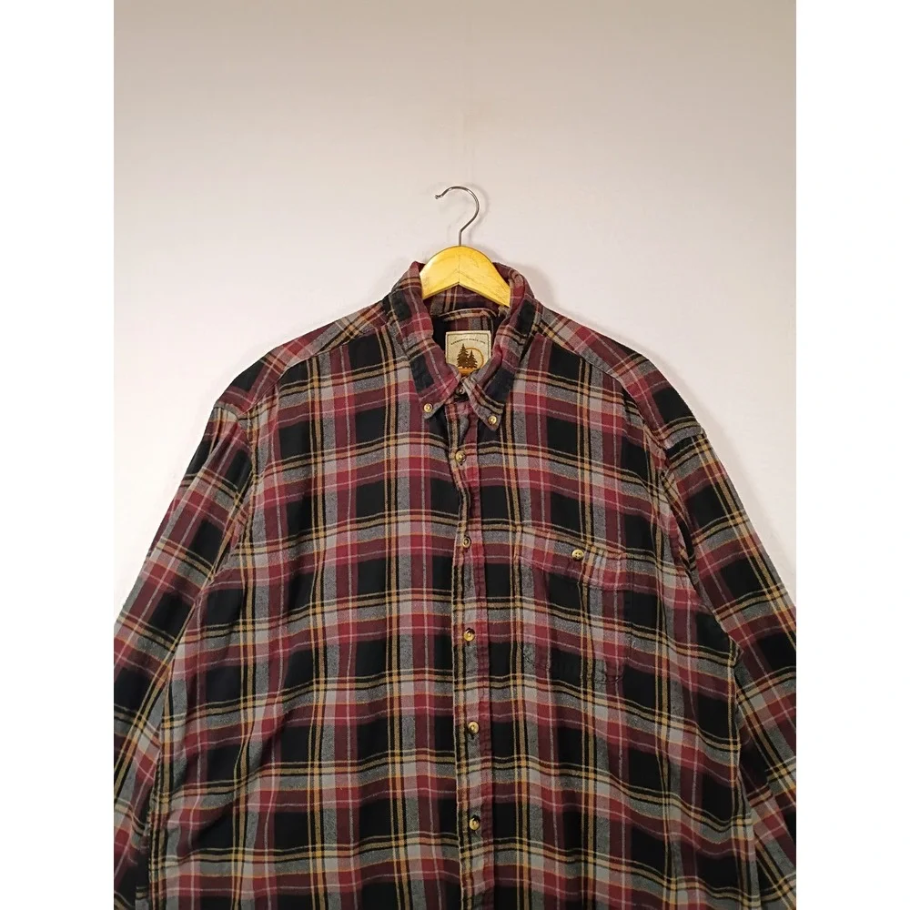 Rugged G.H. Bass Mens XL Burgundy Black Plaid Cotton Flannel Button Down Shirt